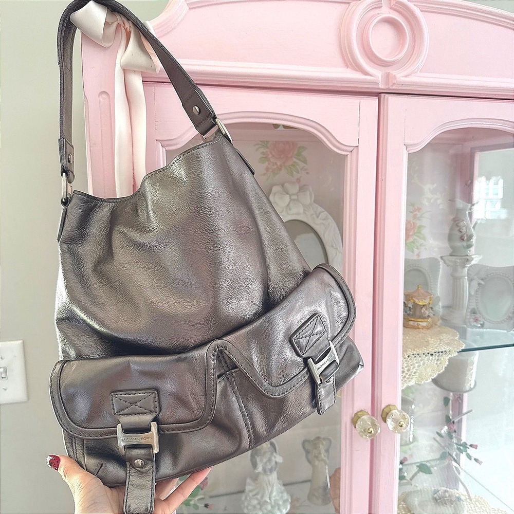 Michael Kors Metallic Pewter Leather Hobo Shoulder Bag with Front Pockets